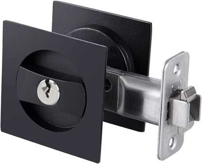 Fioobam Pocket Door Lock with Key, Contemporary Entry Square Sliding Barn Door Lock Latch etc, Recessed 2 Sided, 2 3/8" Backset, Invisible Hardware for 1 3/8” to 2 3/16” Thickness Door (Sliver)